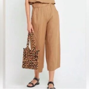 Kourt Willow Flax Cotton Wide Leg Cropped Pants Brown Women Size Medium New